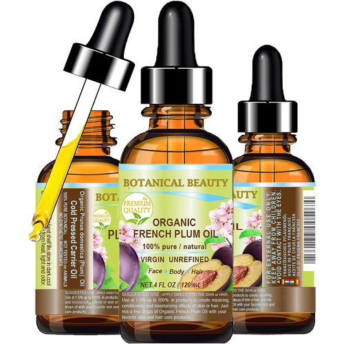 Botanical Beauty Organic PLUM OIL French. 100% Pure Natural Virgin Unrefined Undiluted Cold Pressed Carrier Oil. For Face, Skin, Hair, Body, Lips, Nails 4 Fl.oz - 120 ml