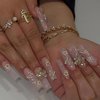BABALAL Square Press on Nails Long Fake Nails Pink Glue on Nails 3D Butterfly Flower Charm Acrylic Nails 24Pcs Squoval Glitter Manicure Artificial False Nails for Women and Girls