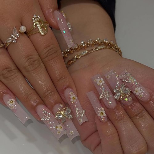 BABALAL Square Press on Nails Long Fake Nails Pink Glue on Nails 3D Butterfly Flower Charm Acrylic Nails 24Pcs Squoval Glitter Manicure Artificial False Nails for Women and Girls
