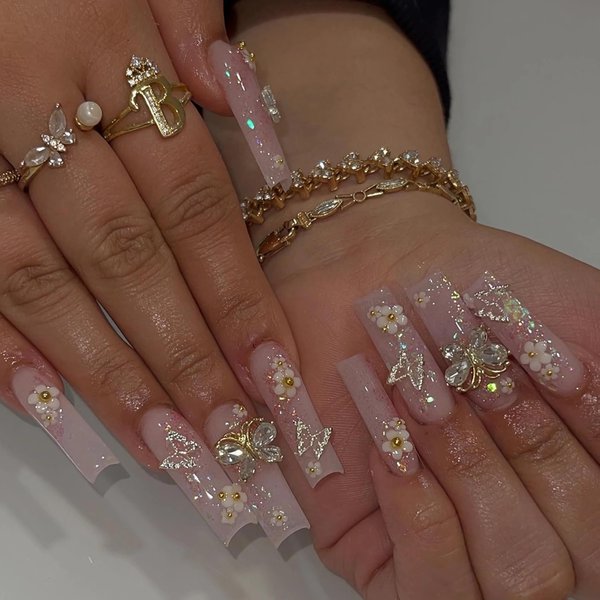 BABALAL Square Press on Nails Long Fake Nails Pink Glue on Nails 3D Butterfly Flower Charm Acrylic Nails 24Pcs Squoval Glitter Manicure Artificial False Nails for Women and Girls