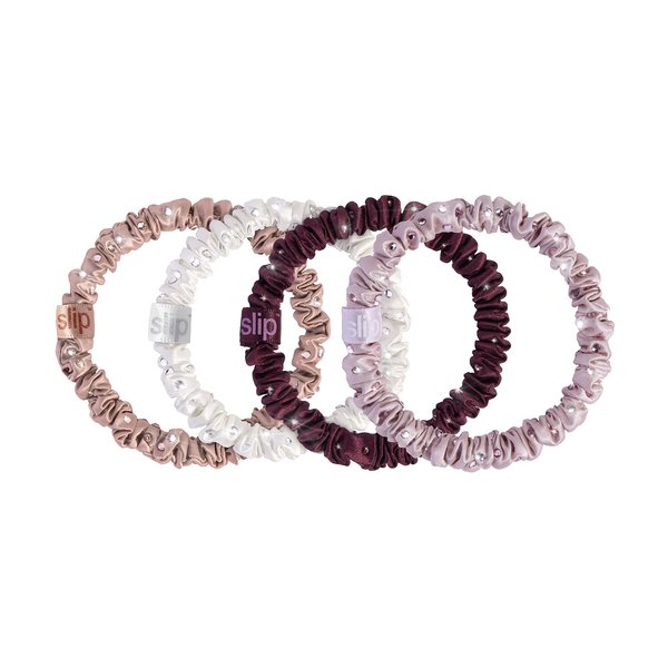 Slip Silk Crystal Skinnie Scrunchies in Manhattan Nights - 100% Pure 22 Momme Mulberry Silk Scrunchies for Women - Hair-Friendly Silk Scrunchies - Luxurious Elastic Hair Scrunchie Set (4 Scrunchies)