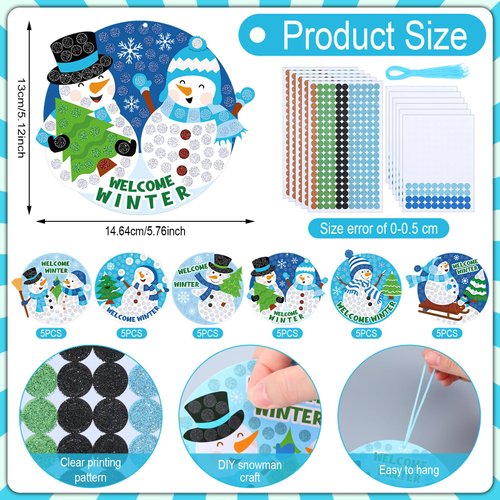 Silipull 30 Sets Snowman Craft Kit DIY Winter Snowman Glitter Mosaic Sign Craft Make Your Own Snowflake Hanging Ornaments for Winter Christmas Fun Home Party Favors Activities