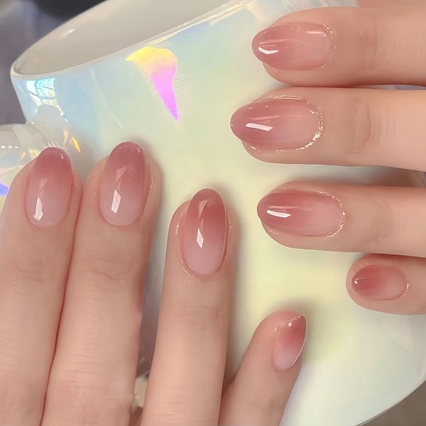 Almond Press on Nails Short Fake Nails, Nude Pink Gel Acrylic Nails with Nail Glue, Glossy False Nails Kits for Women Super Fit Natural Nails 24 Pcs