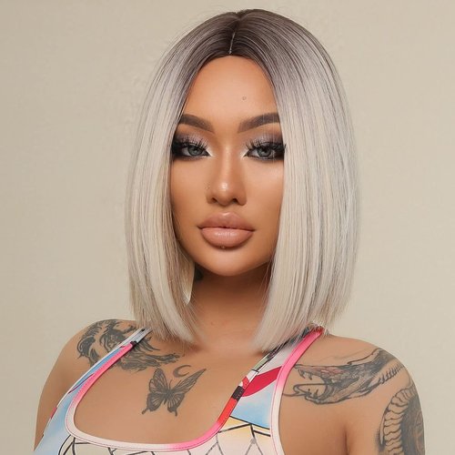 PATTNIUM Blonde Bob Wig for Women Short Straight Ombre Blonde Wig Blonde Mixed Brown Wig with Dark Roots Heat Resistant Synthetic Wig with Wig Cap (Ombre Blonde)