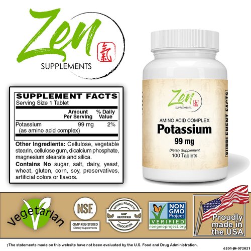 Zen Supplements - Potassium 99 mg (Amino Acid) 100-Tabs - Fluid & Electrolyte Balance Formula - Heart, Nerve & Muscle Function Support