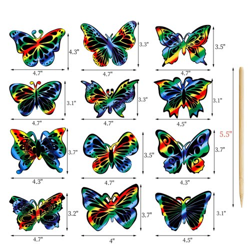 Mezchi 120 Pcs Butterfly Scratch Art for Kids, Rainbow Scratch Paper with 12 Wooden Stylus, Black Scratch Off Paper for Kids, Butterfly Crafts for Kids DIY Crafts, Scratch Art Party Favors,12 Styles