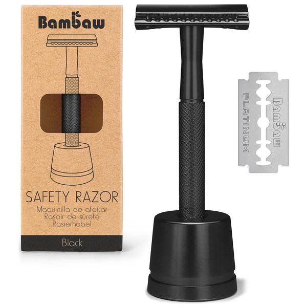 Bambaw Double Edge Safety Razor, Single Blade Razor for Men with Razor Stand, Men's Safety Shaving Razors – Black