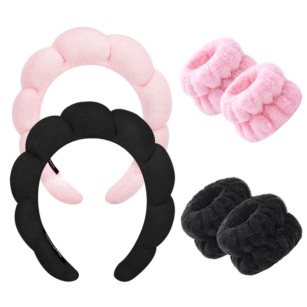 KELUBATU Spa Headband, Makeup and Skin Care Headband, Face Sponge Headband Set, Fashionable, Soft and Practical, Suitable for Women's Makeup Removal, Skin Care and Beauty .(Pink + Black)