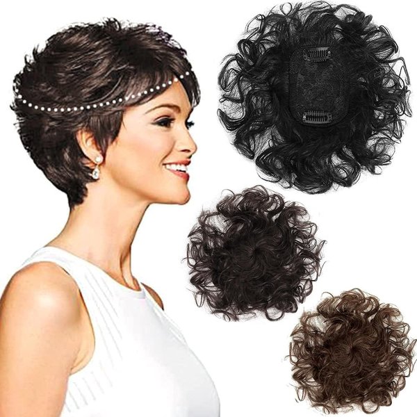 Maery ICRAB 7x10cm Small Area Short Curly Human Hair Topper Fluffy Curly Hair Topper Clip in Hairpieces Top Topper Hair Replacement Wiglets Weavy Topper Hair Pieces for Women Natural Black