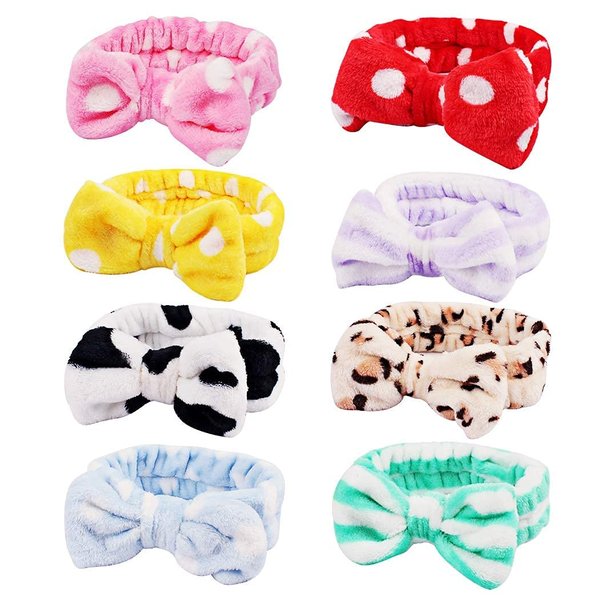 AMCAMI 8 Pack Spa Headband for Women, Makeup Headband Coral Fleece Non-Slip Bow Hair Band for Washing Face Facial Mask Shower Headband for Women Girls