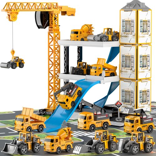 TEMI Construction Truck Toys for 3 4 5 6 Year Old Boys, 60 Pieces Kids Engineering Trucks Vehicle with Tractor, Crane, Dump, Excavator and Map, Birthday Gifts Toys for Girls Children Toddlers