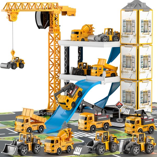 TEMI Construction Truck Toys for 3 4 5 6 Year Old Boys, 60 Pieces Kids Engineering Trucks Vehicle with Tractor, Crane, Dump, Excavator and Map, Birthday Gifts Toys for Girls Children Toddlers