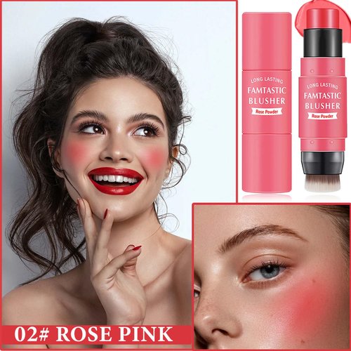 DuoZeng Cream Blush Stick with Brush,Double Head Blush Sticks for Cheeks Waterproof Cream Blush Makeup Stick Long Wearing Multi-Stick Blush for Lips,Cheeks & Eyes (#02 Rose Pink)