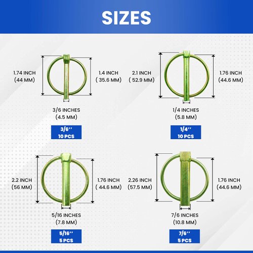 Pinailer 30 Pcs of Lynch Pin Assortment Kit— for Trucks, Tractors, Trolleys, Lawn Mowers, & Trailers of 3/16”x1-7/16”, 1/4”x1-3/4”, 5/16”x1-3/4”, & 7/16”x1-3/4”