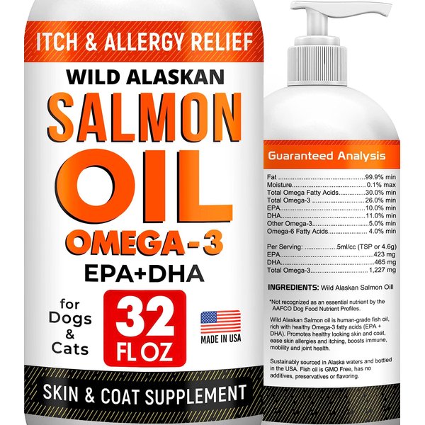StrellaLab 32 OZ Salmon Oil for Dogs - Omega 3 Fish Oil for Dogs & Cats, Itch & Allergy Relief, Wild Alaskan Salmon Oil Dogs Skin & Coat, Dog Fish Oil Liquid, Shedding Supplement EPA & DHA Fatty Acids