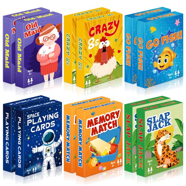 Kids Card Games,12 Decks,Go Fish, Old Maid, Crazy Eights, Memory Match, Slap Jack, Space Playing Cards, Family Game Night Classic Table Games, Stocking Stuffers for Kids Toddlers