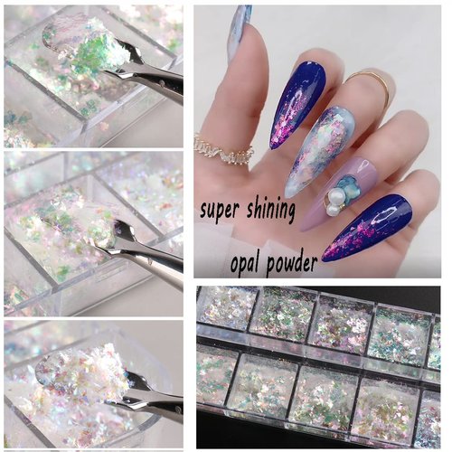 Holographic Opal Nail Art Glitter Flakes Powder Aurora Iridescent Pigment Ice Crystal Mermaid Paillettes Sparkly Sequins Design for Manicure Decoration Accessories 12 Grids