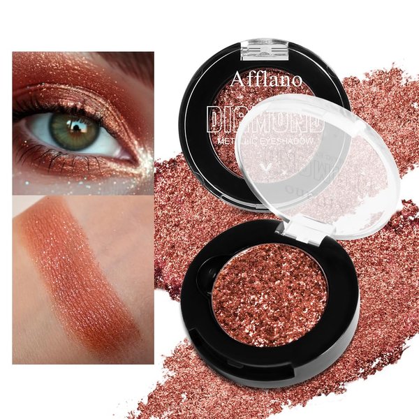 Rose Gold Glitter Eyeshadow High-Impact Multi-Dimensional Metallic Finish Eye Shadow, One-Swipe Coverage, Long Lasting High Pigment Shimmer Eye Makeup Palette for Mature Skin, Metal (15H Sunset Glow)