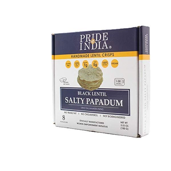 Pride Of India - Salty Black Bean Namkeen Papadum Lentil Crisp - Pack of 6 - 10 count Box (3.53oz - 100gm) - Lentil Chips, Gluten-Free Crackers, Healthy Snacks, Indian Snacks, Lentil Crackers