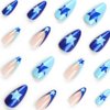 BAOYAALIN Blue Press on Nails Short Medium Almond French Tips Y2K Fake Nails with Star Design Gel Glue on Nails for Women Girls Acrylic False Stick on Nail Manicure Decorations for Wedding 24Pcs
