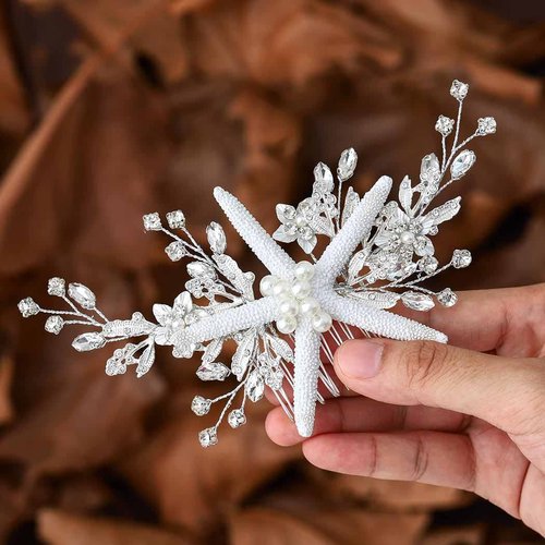 Casdre Starfish Bride Wedding Hair Comb Silver Crystal Bridal Hair Piece Pearl Beach Wedding Hair Accessories for Women and Girls