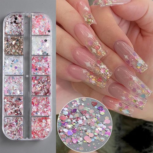 12 Grids Hexagon Nail Art Glitter Holographic Mermaid Nail Glitter Sequins Pink Heart Nail Sequins Chunky Shiny Star Nail Art Supplies Nail Glitter Powder for Women DIY Acrylic Nail Decoration