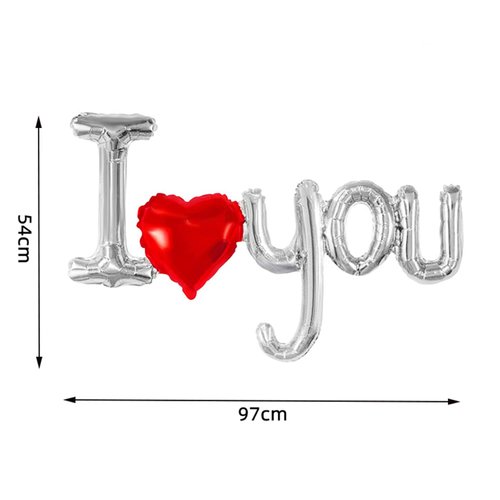 Dzrige 38 Inch I Love You Balloons Red Love Heart Shaped Silver Letter Balloon Banner I Love U Foil Balloons for Valentines Day Mothers Day Wedding Anniversary Decoration Supplies, 2 Pieces