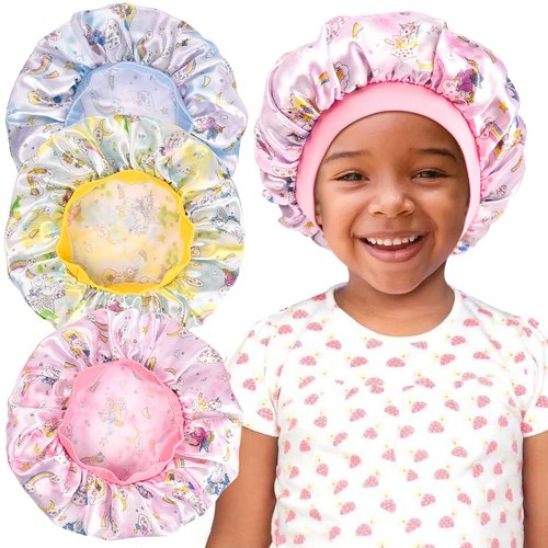 3 Pieces Kids Unicorn Satin Bonnet Wide Elastic Band Sleeping Cap Soft Silk Double Layer Night Hair Hats for Teens Toddler Child Baby