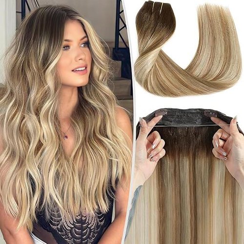 RECOOL Wire Hair Extensions Real Human Hair Balayage Chocolate Brown to Light Brown and Bleach Blonde Remy Invisible Wire Hair Extension Straight Clip in Hair Extensions(12 inch)
