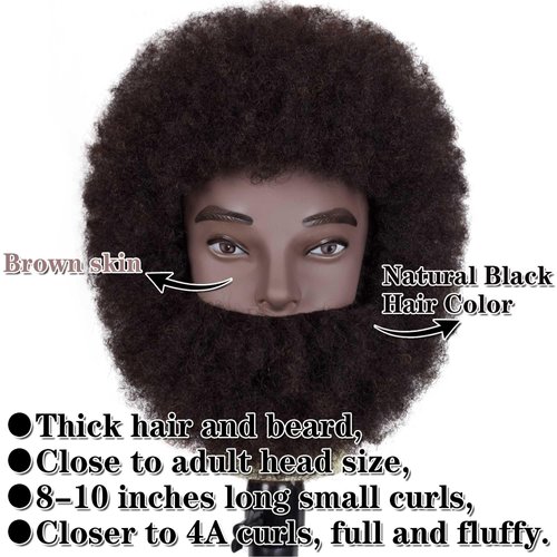 DIRUISI 8"Afro Male Mannequin Head with Beard 100% Human Hair 4A Type for Braiding Hairdresser Training Head Cosmetology Afro Hair Manikin Head for Practice Styling Cornrow Braiding with Clamp Stand