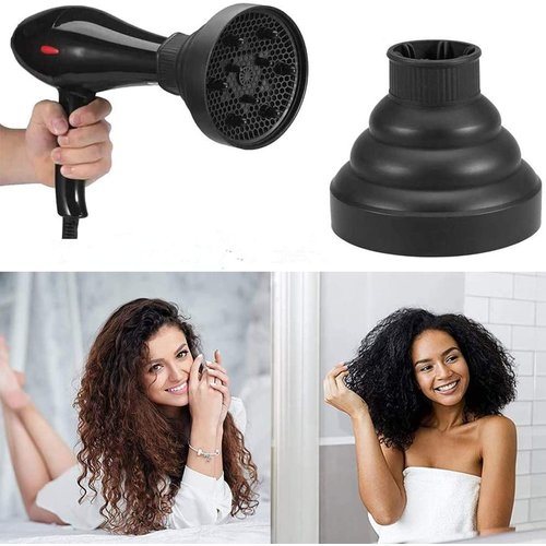 Hair Diffuser Attachment for Hair Dryer Travel Collapsible Portable Diffuser for Curly Hair Women .Airflow Attachment for Salon or Home Use with Nozzle 1.65-1.9In (Black)