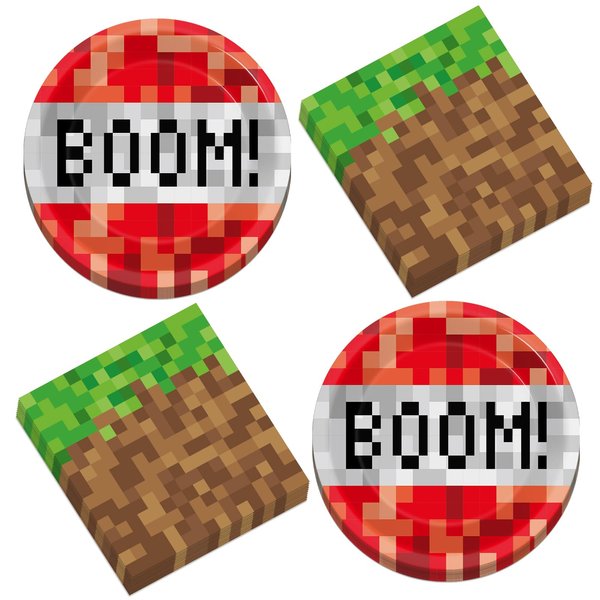 50PCS Pixel Birthday Party Paper Plates and Napkins Video Game Dessert Plates Mining Pixel Party Supplies Pixel Themed Tableware Set Serves 25 Guest Baby Shower Kid Teen Birthday Party Decorations