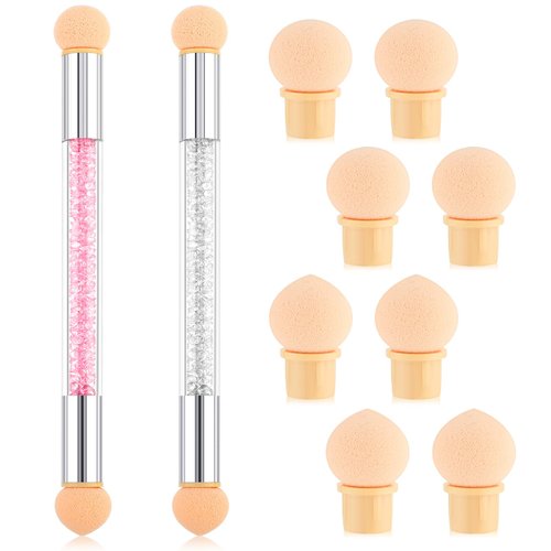 Teaaha 10 PCS Ombre Nail Brush, Ombre Sponges Round Nail Pen, 2 PCS Double-Head Gradient Sponge Rhinestone Handle Acrylic Nail Brush, With 8 PCS Replacement Head for Gel Nails DIY Art Design