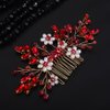 Teyglen Flower Pearl Bride Wedding Hair Comb Red Crystal Hair Comb Bridal Hair Piece Decorative Hair Accessories for Bride Rhinestone Headpiece for Women Grils (Red)