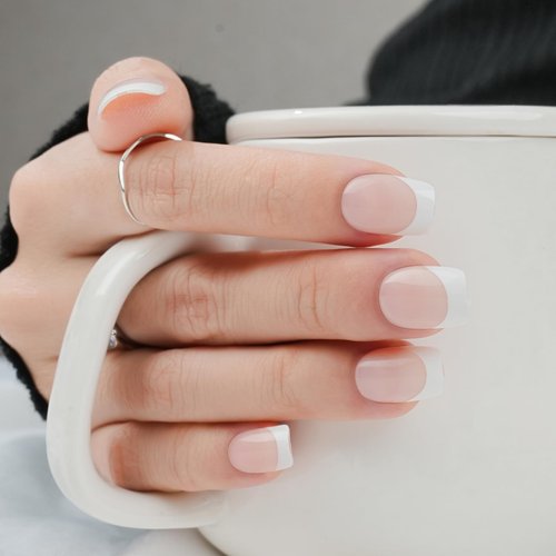 French Tip Press on Nails Short, Jofay Fashion Soft Gel Fake Nails, Classic French Manicure Nails, Reusable & Natural Acrylic False Nails, Stick on Nails for Women Girls Gift, Glue on Nails Kit 24pcs