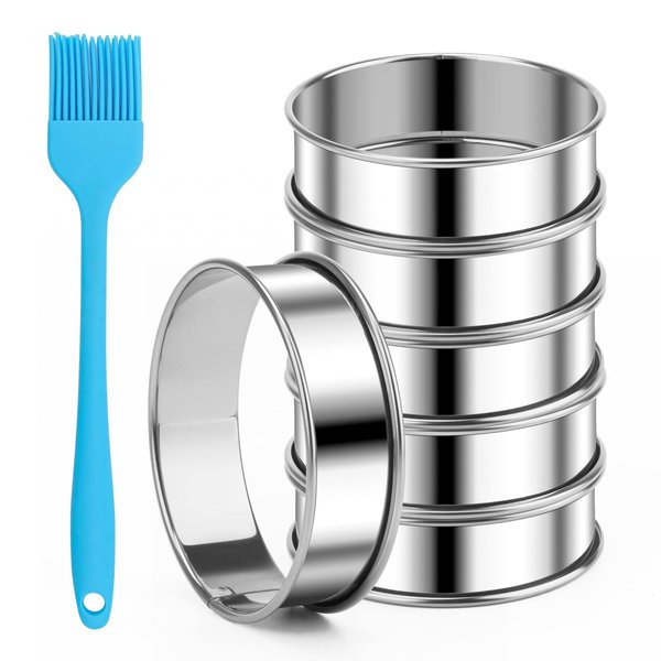 Catcan 6 Pieces English Muffin Rings, 3.15 Inch Stainless Steel Crumpet Ring Double Rolled Tart Ring Nonstick Metal Round Ring Molds with Silicone Oil Brush