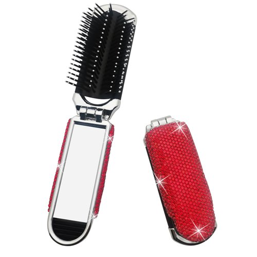 Owemtao Bling Travel Folding Hair Brush with Mirror and Rhinestones - Compact Collapsible Brush for Women (Red)