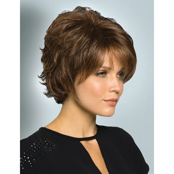TISHINING Short Curly Brown Pixie Cut Wigs for White Women with Bangs Pixie Laered Mixed Brown Synthetic Shaggy Curly Wigs for Women Natural Looking Daily Party Hair Replacement Wig