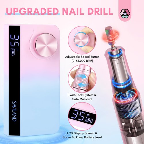 SAVILAND Portable Nail Drill Professional: 2024 Digital Pro E File | 35000 RPM Electric Cordless Fast Remover Anti-Shaking | Manicurist Nail Salon Superior Compactible for Acrylic Nails