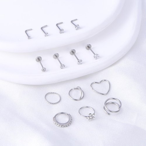 JFORYOU 20G Surgical Stainless Steel Nose Rings Threadless Push in Nose Rings Hoops L Shaped Nose Studs Lip Cartilage Helix Tragus Nose Medusa Piercing Jewelry for Women Men, 14PCS Silver