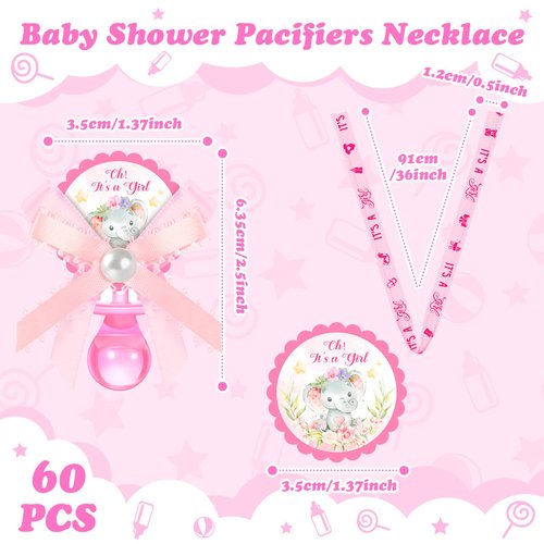 Remuuly 60 Pcs Baby Shower Pacifiers Necklace Cute Elephant Acrylic Baby Pacifier Party Favor Pacifiers Charm Pacifiers Necklace for Girls Boys Baby Shower Party Decoration Table Scatter (Pink,Girl)