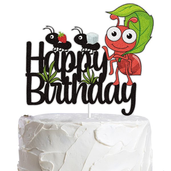 Ant Happy Birthday Cake Topper Black Glitter Insect Theme Party Supplies for Boys Girls Kids