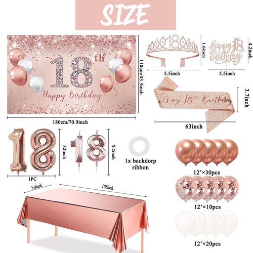 Trgowaul 18th Birthday Decorative Balloon Set Women's Arch, Rose Gold 18th Birthday Banner and Party Tablecloth, Belt and Tiara, Pink Gold 18th Balloon, Pink Birthday Cake Top, Latex Balloon * 60