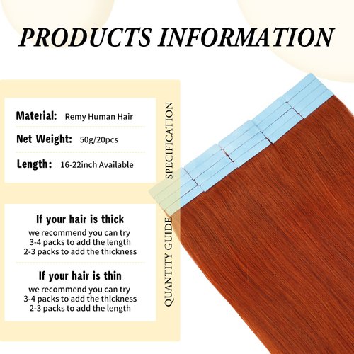22 inch Tape in Hair Extensions Human Hair Invisible Straight Tape Hair Extensions for Women 20 Pcs/50g Seamless Skin Weft #350 Cooper Rad Real Hair Extensions Tape ins Human Hair