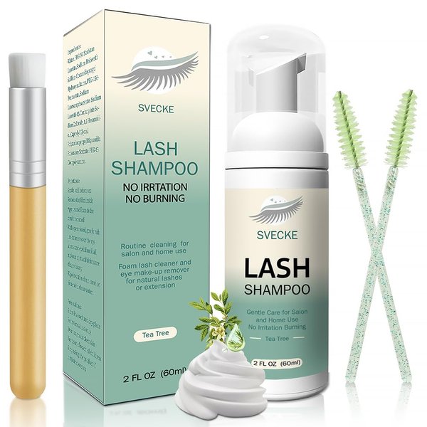 SVECKE Lash Shampoo Kit for Eyelash Extension, Eyelash Shampoo 2 fl.oz / 60ml, Eyelash Extension Cleanser, Lash Eyelid Foam Cleaning Kit for Salon Use and Home Use (Tea Tree)