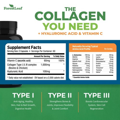 ForestLeaf Multi Collagen Pills with Hyaluronic Acid + Vitamin C | Hydrolyzed Collagen Supplements for Women or Men | Multi Collagen Capsules Peptides for Skin, Wrinkles, 120 Caps