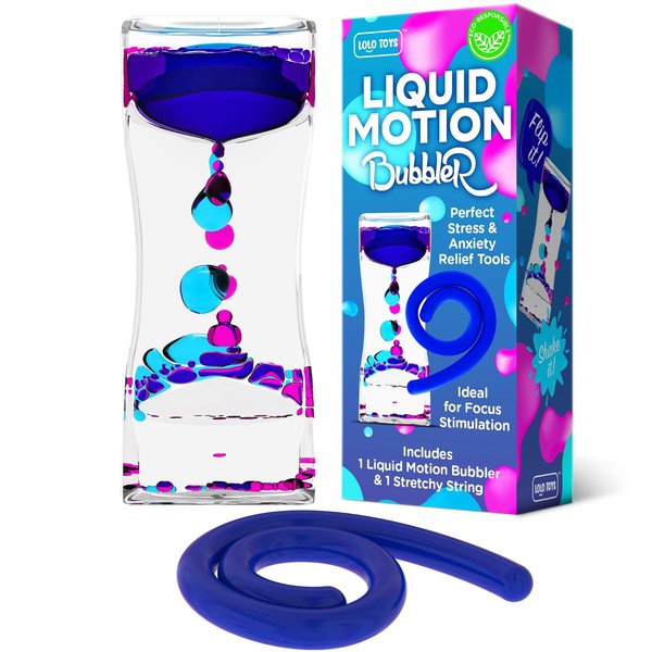 Liquid Motion Bubbler Sensory Toys – 2 Pc Set Bundle Stretchy String Fidget Toys Timer for Stress Relief and Anxiety Relief Great for Adults, Kids ADHD Autism ADD Hyperactivity Relaxation figit Blue