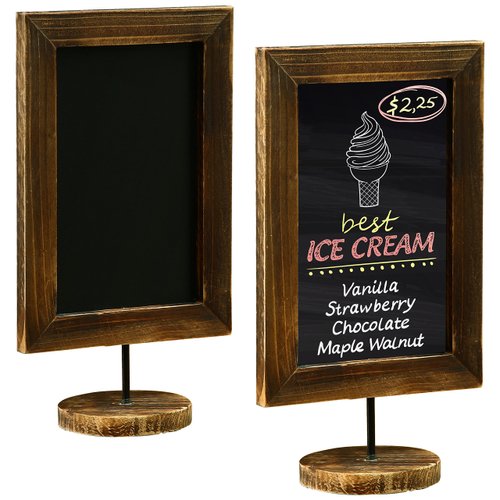 MyGift Set of 2, 12 Inch Chalkboard Sign with Burnt Wood Rectangular Frame and Round Base, Rustic Wedding Table Place Card Signage, Small Kitchen Countertop Memo Board