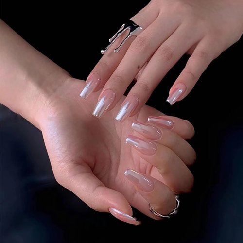 BABALAL Coffin Press on Nails Medium Fake Nails White Chrome Aurora Glue on Nails Ballerina Glossy Acrylic Nails 24Pcs Manicure False Nails for Women and Girls