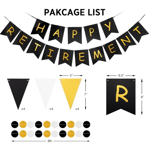 Happy Retirement Banner Assembled GAGAKU Black and Gold Retirement Party Decorations Supplies Kit Gold Glitter Paper Pennant Banner for Men Women Office Farewell Party